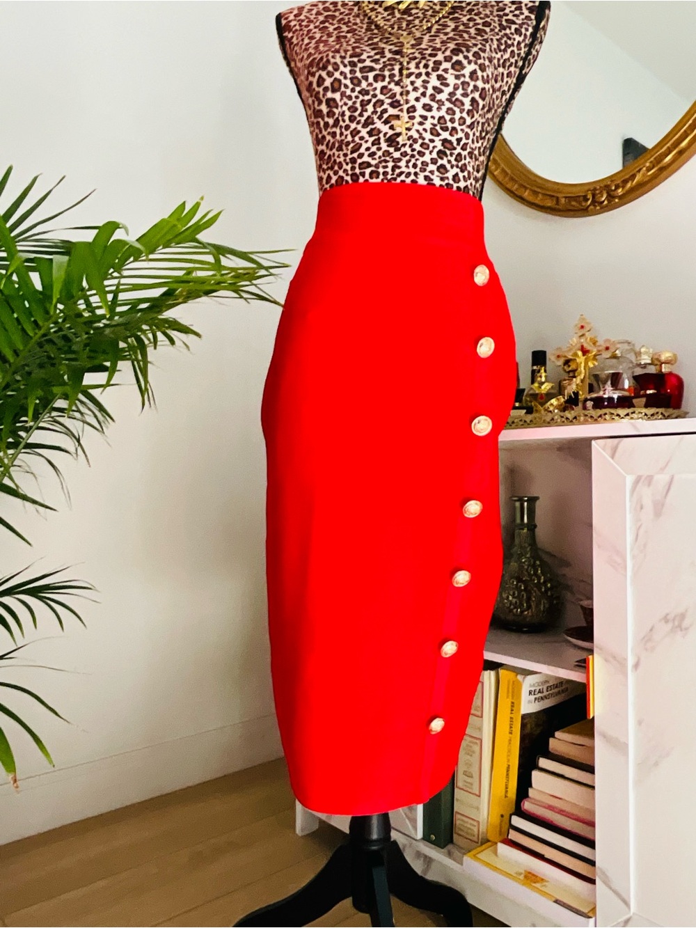Red Gold Button Pencil Skirt - Picture 2 of 14